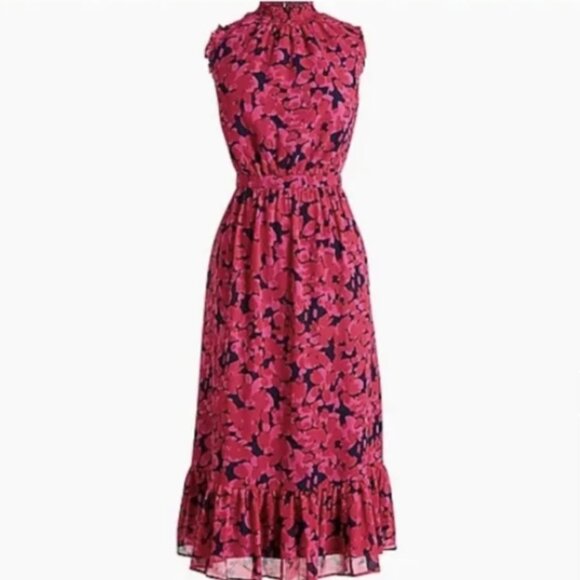 J. Crew Pink Floral Sleeveless Midi Ruffle Dress Size 4 - Picture 1 of 14